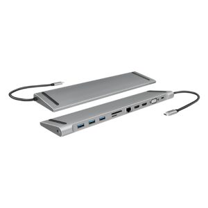 Priklopna postaja USB-C => 3x USB 3.0 tip A USB-C PD 100W 2x HDMI VGA RJ45 11 izhodov srebrn LogiLink (UA0373)