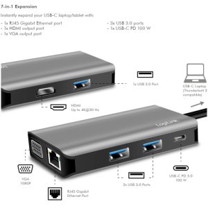 Priklopna postaja USB-C =>  3xUSB 3.0 tip A 1xUSB-C PD 100W 1xHDMI 1xVGA 1xRJ45 srebrn LogiLink (UA0410)