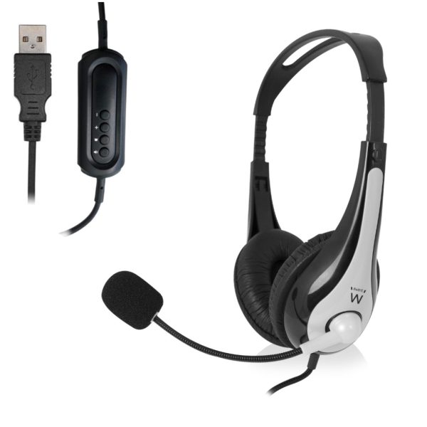 Slušalke žične naglavne USB stereo Ewent z mikrofonom - črna-srebrna (EW3565)