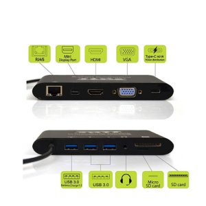 Priklopna postaja USB-C => VGA HDMI miniDisplayPort 3xUSB 3.0 1x USB-C SD/microSD čitalec ETH LAN Port